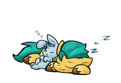 Size: 1003x690 | Tagged: safe, artist:zutcha, hitch trailblazer, bunnycorn, earth pony, pony, rabbit, g5, my little pony: tell your tale, eyes closed, lying down, male, onomatopoeia, simple background, sleeping, sound effects, stallion, uwu, white background, zzz