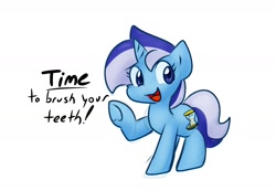 Size: 1558x1080 | Tagged: safe, artist:zutcha, minuette, pony, unicorn, g4, dialogue, female, mare, open mouth, open smile, raised hoof, reminder, simple background, smiling, solo, underhoof, white background