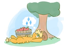 Size: 1229x913 | Tagged: safe, artist:zutcha, applejack, earth pony, pony, g4, apple, daydream, female, food, implied lesbian, implied rarijack, implied rarity, implied shipping, lying down, mare, on back, solo, thinking, thought bubble, tree