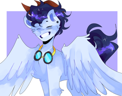 Size: 1280x1009 | Tagged: safe, artist:jupiterscent, soarin', pegasus, pony, g4, braeburn's hat, chest fluff, eyes closed, goggles, grin, hat, implied gay, implied shipping, implied soarburn, male, slender, smiling, solo, stallion, thin