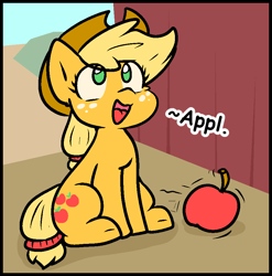 Size: 900x911 | Tagged: safe, artist:zutcha, applejack, earth pony, pony, apple, appul, barn, cowboy hat, cute, dialogue, female, food, hat, jackabetes, mare, misspelling, no pupils, open mouth, open smile, sitting, smiling, solo, stetson, that pony sure does love apples