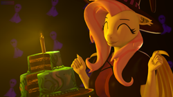 Size: 3840x2160 | Tagged: safe, artist:antonsfms, fluttershy, bat pony, anthro, mlp fim's twelfth anniversary, g4, 3d, ^^, bat ponified, birthday cake, breasts, busty fluttershy, cake, candle, clothes, costume, cute, eyelashes, eyes closed, fangs, female, flutterbat, folded wings, food, grin, happy, hat, high, high res, long nails, one ear down, race swap, simple background, smiling, solo, source filmmaker, wings, witch costume, witch hat