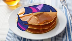 Size: 800x450 | Tagged: safe, twilight sparkle, g4, food, food transformation, fork, horn, i'm pancake, imgflip, inanimate tf, mane, meme, pancakes, plate, syrup, table, tablecloth, transformation, twilight's mane