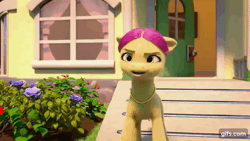 Size: 640x360 | Tagged: safe, screencap, posey bloom, earth pony, pony, g5, my little pony: make your mark, my little pony: make your mark chapter 1, spoiler:my little pony: make your mark, animated, bow, door, female, i watch it for the ears, jewelry, mare, necklace, posey bloom is not amused, rant, solo, tail, tail bow, unamused, window