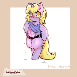 Size: 1200x1200 | Tagged: safe, artist:cold-blooded-twilight, dinky hooves, unicorn, semi-anthro, g4, abs, arm hooves, belly button, blushing, clothes, female, filly, foal, shorts, solo, sweat, tank top