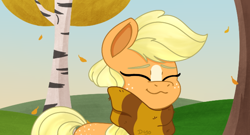Size: 650x350 | Tagged: safe, artist:dyonys, applejack, earth pony, pony, g4, :3, autumn, birch tree, blaze (coat marking), butt freckles, clothes, coat markings, cozy, cute, facial markings, freckles, jackabetes, leaves, missing accessory, scarf, solo, striped scarf, tree