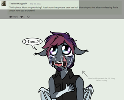 Size: 1115x905 | Tagged: safe, artist:blackblood-queen, oc, oc only, oc:orpheus, bat pony, anthro, unguligrade anthro, anthro oc, bat pony oc, boi, clothes, crying, deviantart, dialogue, emotional, fangs, floppy ears, male, meme, scar, stallion