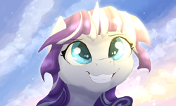 Size: 3000x1807 | Tagged: safe, artist:shaslan, twilight velvet, pony, unicorn, g4, bust, cloud, female, mare, portrait, sky, smiling, solo