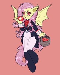 Size: 1602x2000 | Tagged: safe, artist:purring_cat, fluttershy, bat pony, pegasus, anthro, g4, apple, bat ponified, cute, female, flutterbat, food, mare, pink hair, race swap, red eyes, solo, spread wings, wings