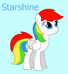 Size: 606x653 | Tagged: safe, artist:jigglewiggleinthepigglywiggle, starshine, pegasus, pony, g1, g4, base used, blue background, blue text, cute, cyan background, female, folded wings, g1 stawwrshine, g1 to g4, generation leap, mare, multicolored hair, multicolored mane, multicolored tail, rainbow hair, rainbow tail, show accurate, simple background, smiling, solo, tail, text, wings