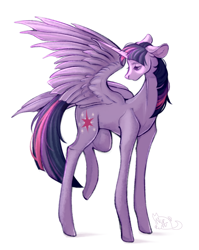 Size: 726x914 | Tagged: safe, artist:nnniru, twilight sparkle, alicorn, pony, g4, concave belly, long legs, looking at self, one wing out, raised leg, simple background, slender, solo, sternocleidomastoid, tall, thin, turned head, twilight sparkle (alicorn), white background, wings