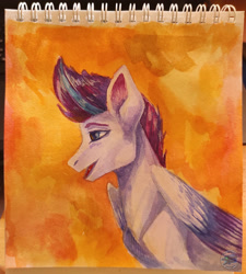 Size: 1920x2130 | Tagged: safe, artist:afialtis, artist:afialtisdragon, zipp storm, pegasus, pony, g5, bust, female, mare, orange background, portrait, profile, simple background, smiling, solo, traditional art, watercolor painting