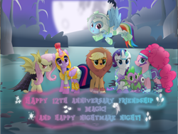 Size: 9585x7191 | Tagged: safe, artist:php178, applejack, fluttershy, pinkie pie, rainbow dash, rarity, spike, twilight sparkle, alicorn, bat pony, bat pony pegasus, dragon, earth pony, hybrid, mermaid, pegasus, pony, unicorn, mlp fim's twelfth anniversary, bats!, g4, my little pony: the movie, scare master, season 4, season 5, .svg available, :3, :d, >:), >:3, alternate hairstyle, animal costume, anniversary, anniversary art, applejack's cutie mark, applelion, armor, armor skirt, armored pony, astrodash, athena sparkle, bat ponified, blue eyes, boots, bow, bracelet, brooch, cat nose, centurion, chestplate, claws, clothes, complex background, costume, design, determination, determined, determined face, determined look, determined smile, dragon costume, dress, equestria font, face paint, female, field, flutterbat, fluttershy's cutie mark, fog, folded wings, gold, green eyes, group, group shot, halloween, halloween costume, happy birthday mlp:fim, happy nightmare night, helmet, holiday, inkscape, inktober, jewelry, leg guards, levitation, lightning, lion costume, looking at you, magenta eyes, magic, magic aura, male, mane seven, mane six, mare, mare in the moon, mermarity, mohawk, moon, movie accurate, multiple heads, nc-tv signature, night, nightmare night, open mouth, open smile, pants, paws, pink eyes, pinkie pie's cutie mark, pinkie puffs, purple eyes, race swap, rainbow dash's cutie mark, raised hoof, rarity's cutie mark, red eyes, rock, roller skates, seashell, shirt, shirt design, shoes, show moviefied, shy, signature, skates, skirt, slit pupils, smiling, smiling at you, soldier, space helmet, spaceship, sparkles, species swap, spider web, spike costume, spread wings, standing, svg, sweet apple acres, telekinesis, tree, tree branch, trotting, twilight sparkle (alicorn), twilight sparkle's cutie mark, two heads, two-headed dragon, vector, wall of tags, waving at you, wheel, whiskers, wing claws, winged spike, wings