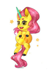 Size: 1067x1488 | Tagged: safe, artist:aakariu, oc, pony, unicorn, chibi, coin, digital art, not fluttershy, pink hair, simple background, solo, stars, white background