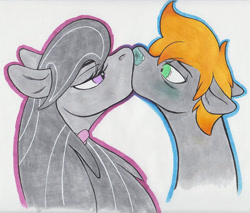 Size: 1200x1023 | Tagged: safe, artist:omnifelpur, octavia melody, oc, earth pony, pony, g4, bust, canon x oc, earth pony oc, kiss on the lips, kissing, traditional art