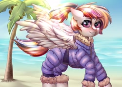 Size: 2456x1736 | Tagged: safe, artist:leastways, oc, oc:northstar, pegasus, pony, clothes, commission, ocean, palm tree, sand, signature, solo, summer, sun, tree, water, wings, winter outfit