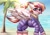 Size: 2456x1736 | Tagged: safe, artist:leastways, oc, oc:northstar, pegasus, pony, clothes, commission, ocean, palm tree, sand, signature, snowsuit, solo, summer, sun, tree, water, wings, winter outfit