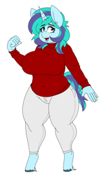 Size: 2750x4750 | Tagged: safe, artist:coatieyay, oc, oc only, oc:coat-of-arms, unicorn, anthro, unguligrade anthro, big breasts, breasts, chubby, ear piercing, female, milf, open mouth, open smile, piercing, plump, simple background, smiling, solo, white background