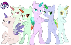 Size: 5045x3160 | Tagged: safe, artist:emperor-anri, oc, oc only, alicorn, pony, alicorn oc, bald, base, bipedal, crossed arms, eyelashes, female, group, horn, mare, simple background, smiling, transparent background, transparent horn, transparent wings, wings