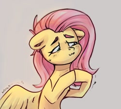 Size: 1200x1074 | Tagged: safe, artist:krista-21, fluttershy, pegasus, pony, g4, :3, beige background, blushing, chest fluff, cute, eyebrows, female, fingers together, floppy ears, hooves together, looking away, mare, nervous, shivering, shyabetes, simple background, solo, spread wings, sweat, sweatdrop, three quarter view, wings