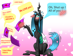 Size: 1954x1507 | Tagged: safe, artist:questionmarkdragon, queen chrysalis, changeling, changeling queen, g4, 2022, blushing, embarrassed, female, floppy ears, hoof hold, letter, sitting, solo, tsundalis, tsundere