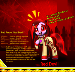 Size: 2340x2234 | Tagged: safe, artist:questionmarkdragon, oc, oc only, oc:red arrow, earth pony, pony, robot, robot pony, :d, clothes, earth pony oc, high res, missile, open mouth, open smile, red eyes, reference sheet, smiling, solo