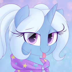 Size: 2000x2000 | Tagged: safe, artist:illusion, trixie, pony, unicorn, :p, abstract background, alternate hairstyle, babysitter trixie, bust, clothes, cute, diatrixes, eye clipping through hair, female, gameloft interpretation, hoodie, lidded eyes, looking at you, mare, portrait, solo, tongue out