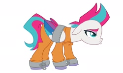 Size: 2400x1433 | Tagged: safe, artist:mlpneondromeda, artist:neondromeda, zipp storm, pegasus, pony, g5, bound wings, clothes, cuffs, jumpsuit, never doubt rainbowdash69's involvement, prison outfit, prisoner, prisoner zipp, shackles, simple background, solo, white background, wing cuffs, wings