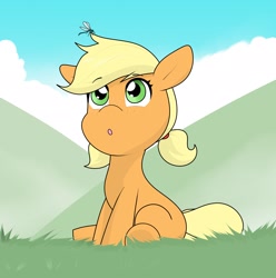 Size: 2022x2042 | Tagged: safe, artist:cyanrobo, applejack, dragonfly, earth pony, insect, pony, g4, female, filly, filly applejack, foal, high res, looking up, sailor moon (series), sitting, solo, younger
