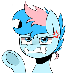 Size: 1873x1849 | Tagged: safe, artist:maren, oc, oc only, oc:blue chewings, earth pony, pony, 2014, angry, bone, bust, chew toy, cross-popping veins, emanata, old art, portrait, raised hoof, reaction image, simple background, solo, underhoof, white background