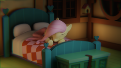 Size: 3840x2160 | Tagged: safe, artist:the luna fan, derpibooru exclusive, fluttershy, pegasus, pony, mlp fim's twelfth anniversary, g4, 3d, bed, bird house, blender, blender cycles, chest, eyes closed, fluttershy's cottage, high res, night, pillow, sleeping, window