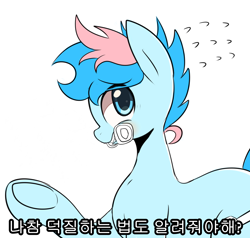 Size: 2100x2000 | Tagged: safe, artist:maren, oc, oc only, oc:blue chewings, earth pony, pony, 2014, bone, chew toy, eye clipping through hair, high res, korean, old art, raised hoof, reaction image, simple background, solo, translated in the comments, underhoof, white background