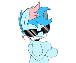 Size: 1200x993 | Tagged: safe, artist:maren, oc, oc only, oc:blue chewings, earth pony, pony, 2014, bipedal, bust, chew toy, crossed hooves, old art, simple background, solo, sunglasses, white background
