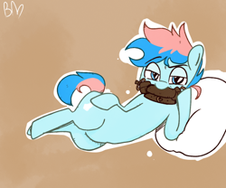 Size: 600x500 | Tagged: artist needed, safe, oc, oc only, oc:blue chewings, earth pony, pony, bit, collar, looking at you, lying down, on side, pillow, simple background, solo, sultry pose, tack