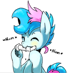 Size: 443x474 | Tagged: safe, artist:maren, oc, oc only, oc:blue chewings, earth pony, pony, 2014, bust, chew toy, drool, eyes closed, nom, oekaki, old art, simple background, solo, white background