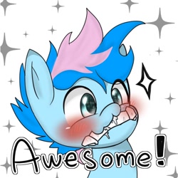 Size: 980x980 | Tagged: safe, artist:doubt, oc, oc only, oc:blue chewings, earth pony, pony, awesome, blushing, bust, chew toy, portrait, reaction image, simple background, solo, sparkles, text, white background