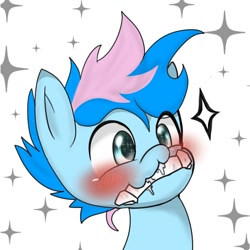 Size: 980x980 | Tagged: safe, artist:doubt, oc, oc only, oc:blue chewings, earth pony, pony, blushing, bust, chew toy, portrait, simple background, solo, sparkles, text, white background