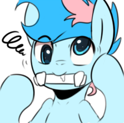 Size: 600x595 | Tagged: safe, artist:maren, oc, oc only, oc:blue chewings, earth pony, pony, 2015, bipedal, bust, chew toy, derp, eye clipping through hair, old art, simple background, solo, white background