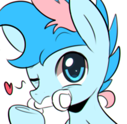 Size: 800x778 | Tagged: safe, artist:maren, oc, oc only, oc:blue chewings, earth pony, pony, 2015, bust, chew toy, heart, male, old art, one eye closed, portrait, simple background, solo, white background, wink