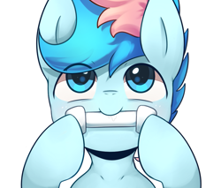 Size: 809x689 | Tagged: safe, artist:maren, oc, oc only, oc:blue chewings, earth pony, pony, 2015, bust, eye clipping through hair, hoof on chin, looking up, old art, simple background, solo, white background