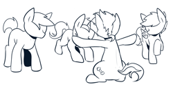 Size: 1600x823 | Tagged: safe, artist:maren, oc, oc only, oc:blue chewings, earth pony, pegasus, pony, unicorn, 2015, monochrome, old art, rear view, sitting, surrounded, t pose