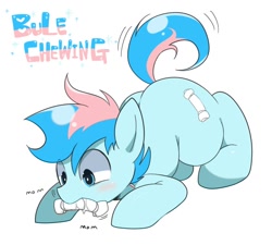 Size: 872x786 | Tagged: safe, artist:oniku, oc, oc only, oc:blue chewings, earth pony, pony, behaving like a dog, blushing, chew toy, crouching, misspelling, simple background, solo, tail, tail wag, white background