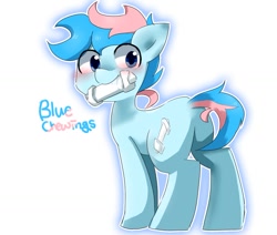 Size: 1023x869 | Tagged: safe, artist:gyaheung, oc, oc only, oc:blue chewings, earth pony, pony, blushing, butt, chew toy, looking back, mouth hold, plot, simple background, smiling, solo, white background