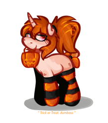 Size: 627x720 | Tagged: safe, oc, oc only, pony, unicorn, bow, chibi, clothes, glasses, halloween, holiday, pumpkin, pumpkin bucket, simple background, socks, solo, striped socks, tail, tail bow, transparent background