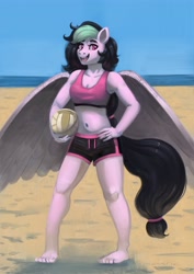 Size: 2892x4096 | Tagged: safe, artist:toisanemoif, oc, oc only, oc:galactic lights, pegasus, anthro, barefoot, beach, belly button, clothes, commissioner:rainbowdash69, feet, high res, looking at you, midriff, open mouth, open smile, outdoors, pegasus oc, shorts, smiling, solo, sports, standing, volleyball, wings