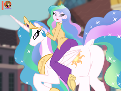 Size: 2700x2025 | Tagged: safe, artist:succubi samus, princess celestia, principal celestia, alicorn, human, pony, equestria girls, g4, ass, breasts, butt, clothes, crown, dock, featureless crotch, high res, humans riding ponies, jewelry, looking at you, patreon, patreon logo, plot, pony sized pony, praise the sun, principal sunbutt, raised tail, regalia, riding, riding a pony, self paradox, self ponidox, show accurate, sultry pose, sunbutt, tail, the ass was fat