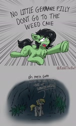 Size: 1241x2048 | Tagged: safe, artist:reddthebat, oc, oc only, oc:filly anon, oc:luftkrieg, earth pony, pegasus, pony, 2 panel comic, comic, dialogue, drugs, duo, female, filly, foal, german, marijuana, open mouth, ponified, underhoof