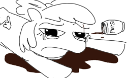 Size: 882x546 | Tagged: safe, artist:tjpones, apple bloom, earth pony, pony, g4, black and white, crying, female, filly, foal, grayscale, looking at you, monochrome, pepe the frog, pepsi, simple background, sketch, soda, soda can, solo, spilled drink, white background