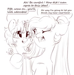 Size: 1055x1067 | Tagged: safe, artist:melodylibris, oc, oc only, oc:lony, oc:melody (melodylibris), pony, unicorn, brush, dialogue, duo, female, glowing, glowing horn, hair styling, hairbrush, horn, levitation, magic, mare, monochrome, one eye closed, pigtails, scrunchie, telekinesis