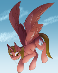 Size: 2000x2500 | Tagged: safe, artist:starcasteclipse, oc, oc only, oc:enmity, alicorn, pony, alicorn oc, cloud, flying, high res, horn, signature, sky, slender, solo, spread wings, thin, wings